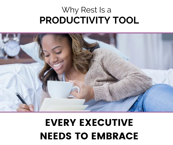 Black woman resting and sipping tea; Why Rest Is a Productivity Tool Every Executive Needs to Embrace; find Black executive coach near; best Black career coach near;