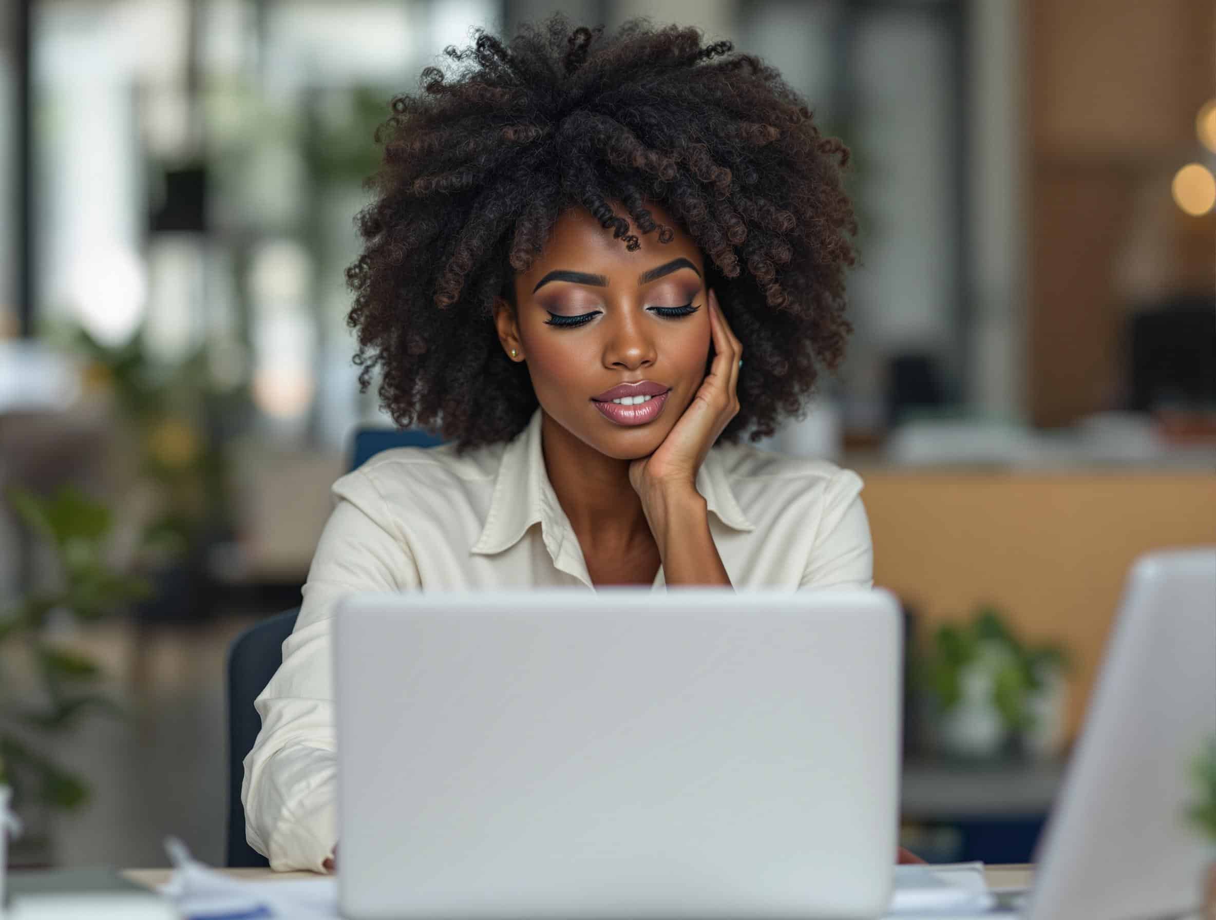 Black woman leader, sitting at her desk, eyes closed you feel empty, what to do when you feel empty, leading while empty, Black women executive coaching, high-achieving Black women, emotional disconnection in leadership, showing up while feeling empty, performing while disconnected, burnout vs emptiness, success without fulfillment, executive coaching for Black women, feeling empty in a successful career, high performers feeling lost, how to reconnect with purpose, living on autopilot, strong Black woman expectations, pressure to perform in leadership, internal disconnect at work, numbness in executive roles, V.I.P. Roadmap session, coaching for purpose and peace