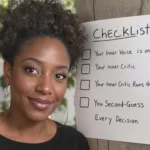 Black women executive standing next to a checklist; The Inner Authority Checklist: 7 Signs You’re Still Leading From Survival Mode; find best Black executive coach near; find Black executive coach near; survival mode; how to stop living in survival mode; executive coaching for Black women