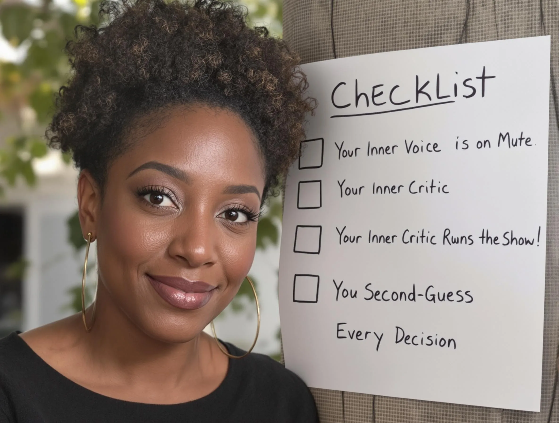 Black women executive standing next to a checklist; The Inner Authority Checklist: 7 Signs You’re Still Leading From Survival Mode; find best Black executive coach near; find Black executive coach near; survival mode; how to stop living in survival mode; executive coaching for Black women