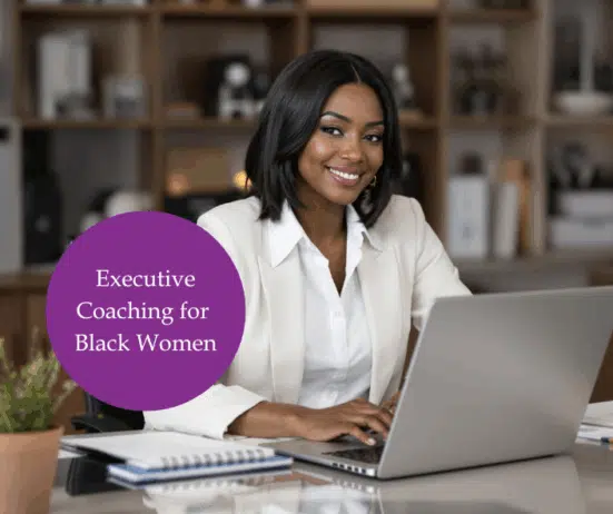 Black woman executive sitting in corporate office; find Black executive coach near; best Black executive coach; mindfulness for Black women, work life harmony for Black women; leadership coach; find Black career coach near; best Black career coach near