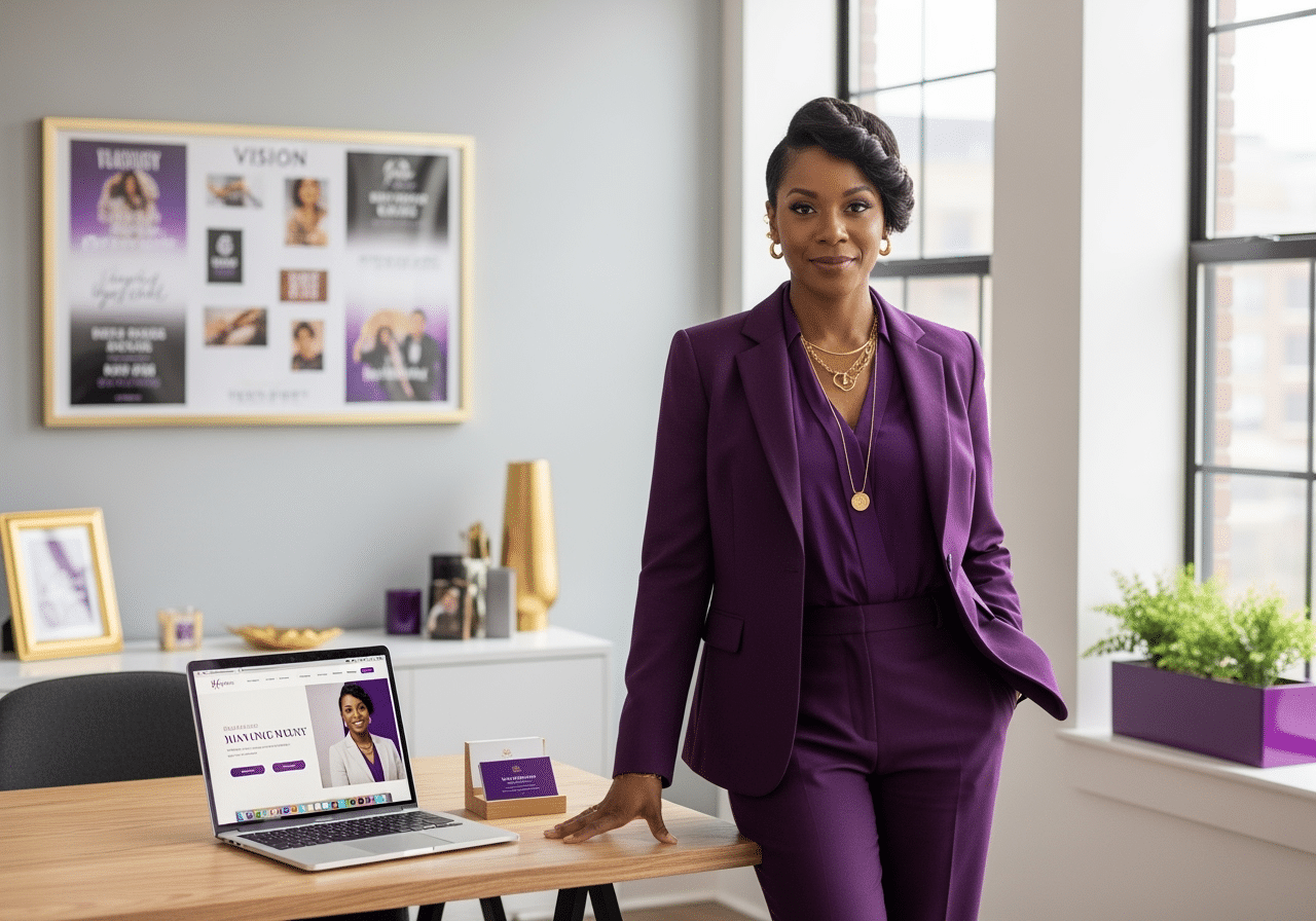 successful Black woman executive standing next to a desk; 3 Branding Mistakes that Sabotage Black Women_Twanna Carter; how to recover from a branding mistake as a black female executive, rebranding strategy after a business mistake black women, fixing a weak personal brand as a woman of color in leadership, managing online reputation for black women executives, how to position myself as an industry expert [black woman], overcoming invisibility as a black woman in corporate america; building authority and credibility as a black female leader; branding for black women who want board positions; how to communicate my value as a black woman executive, personal branding for black women seeking c-suite roles,