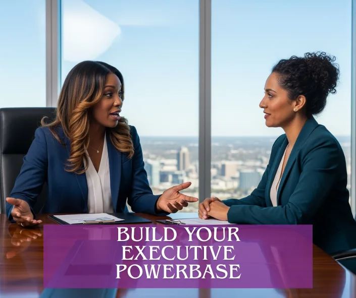 a Black executive woman speaking with her sponsor in corporate boardroom; Build a Powerful Network They Say. But No One Tells You How! ; build your powerbase; find Black executive coach near; best Black executive coach near; find Black career coach near; executive coaching for Black women;