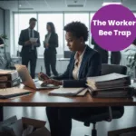 overworked Black woman executive; head down, working; The Worker Bee Trap for Black Women Executives. How Over-performance Keeps Us Invisible in Corporate America; best Black executive near; executive coaching for Black women; find Black executive coach near; award winning Black executive coach Twanna Carter