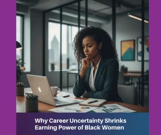 Black woman sitting at her desk; career uncertainty; find Black executive coach near me; best Black executive coach near me; career coaching for Black women; executive coaching for Black women; 