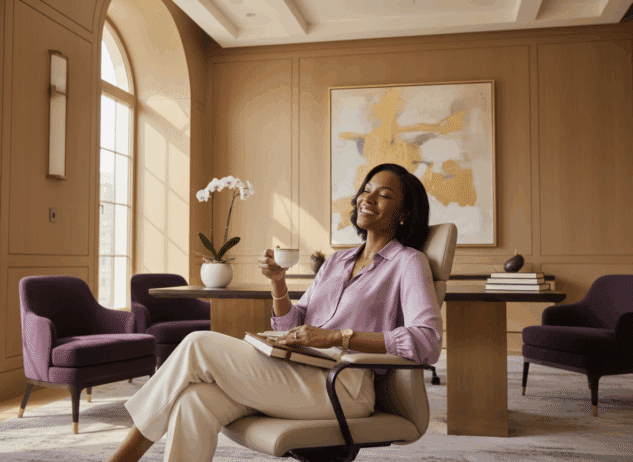 Black woman drinking tea; The Leadership Myth That Hurts High-Achieving Black Women. Why Slowing Down Doesn’t Make You Weak; best Black executive career coach near; find Black executive coach near; Best executive coaching for Black women, leadership coaching for Black women near me, Black women executive coach near me, coaching for Black women leaders, Best Black women entrepreneurship coaching near, career coaching for Black women, trauma-informed executive coaching near, burnout recovery for Black women near, workplace trauma Black women, confidence coaching for Black women,