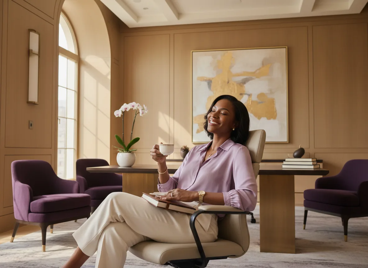 Black woman drinking tea; The Leadership Myth That Hurts High-Achieving Black Women. Why Slowing Down Doesn’t Make You Weak; best Black executive career coach near; find Black executive coach near; Best executive coaching for Black women, leadership coaching for Black women near me, Black women executive coach near me, coaching for Black women leaders, Best Black women entrepreneurship coaching near, career coaching for Black women, trauma-informed executive coaching near, burnout recovery for Black women near, workplace trauma Black women, confidence coaching for Black women,