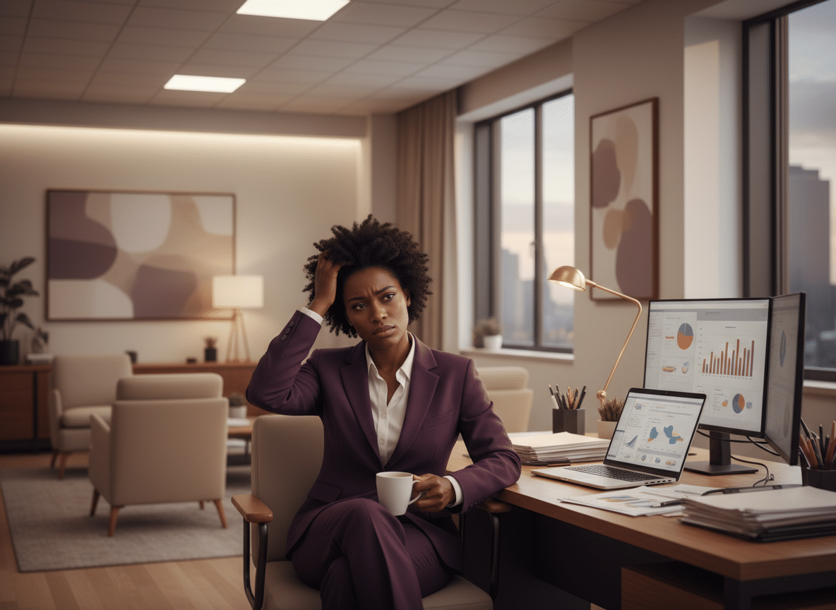 exhausted Black woman executive; The Hidden Cost of Being the Strong One at Work; executive career partner, executive career partners find Black executive coach near; best Black executive coach near; emotional exhaustion, isolation, and guilt Black women face when they carry everything; executive coaching for Black women, confidence for Black women leaders, survival mode Black women, executive presence Black women, quiet cracking, workplace trauma Black women, toxic workplace Black women, strategic career mapping, rest without guilt, burnout recovery for Black women executives,