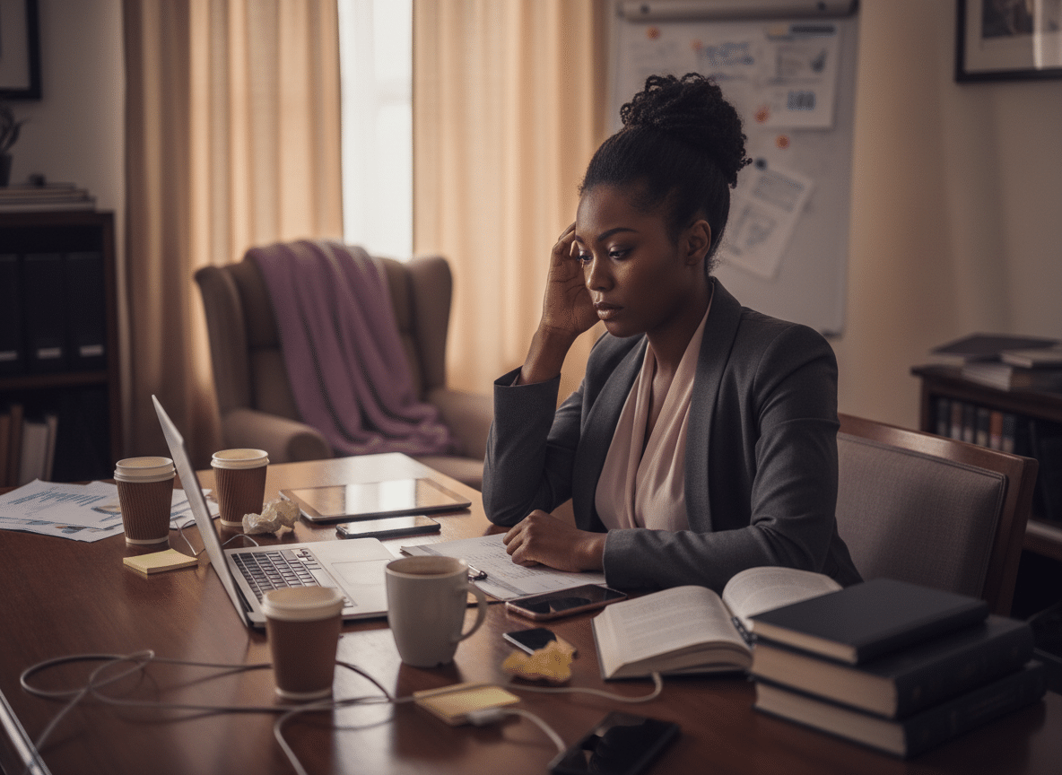Black woman feeling tired; How Executive Black Women Get Trapped in Survival Mode (And Why It’s Not Your Fault); executive coach for Black women;