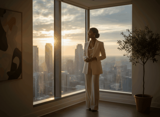 Black woman executive staring out of a corner office; Redefining Success. How Black Women Executives Are Leading a New Era of Authentic Leadership; Black women executives, authentic leadership, executive coaching, Lead with E.A.S.E.™ framework, boundaries, workplace wellbeing; find executive coach for Black women near; best Black executive near;