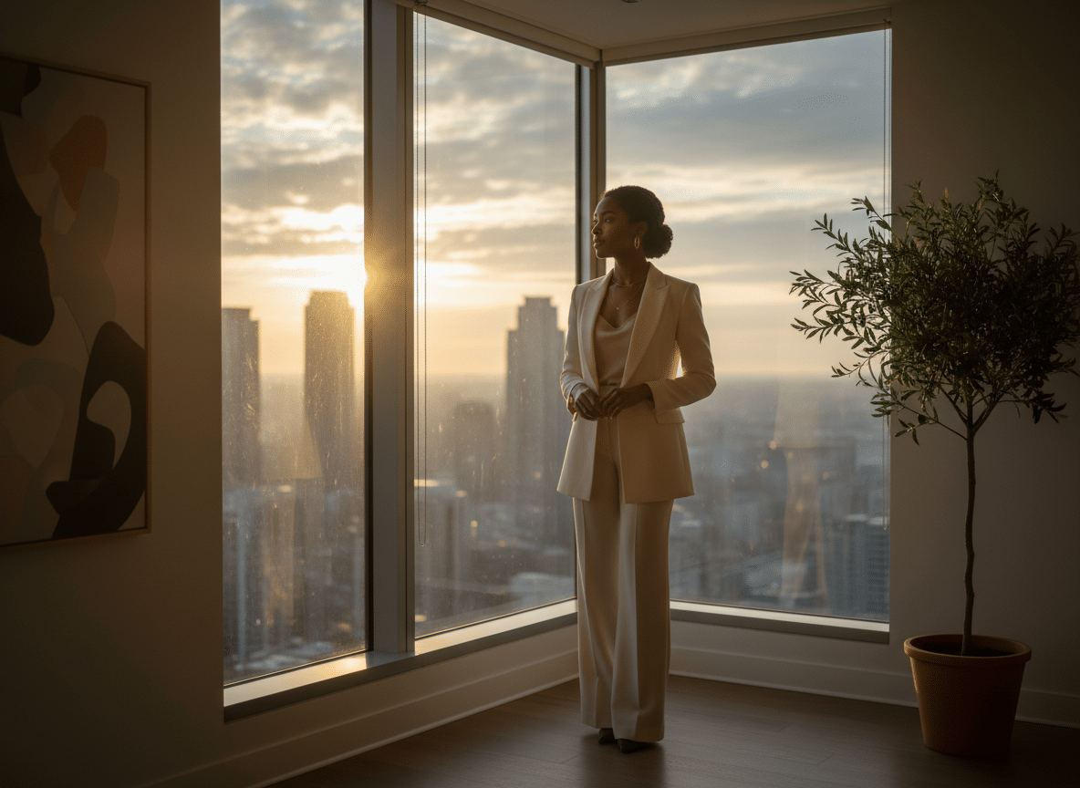 Black woman executive staring out of a corner office; Redefining Success. How Black Women Executives Are Leading a New Era of Authentic Leadership; Black women executives, authentic leadership, executive coaching, Lead with E.A.S.E.™ framework, boundaries, workplace wellbeing; find executive coach for Black women near; best Black executive near;