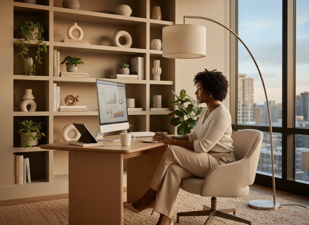 Black woman entrepreneur sitting at desk; confidence issues Black women, fear of visibility entrepreneurship, self-doubt in business, best Black business coach near, find best Black executive coach near; business coaching for Black women, values-based entrepreneurship, authentic business building; Why So Many Smart Black Women Experience Fear of Starting a Business, and Feel Completely Stuck