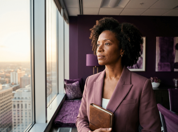 worried Black Executive woman; The Real Reason You’re Not Getting Promoted (Hint: It’s Not Your Performance); find Black executive coach near