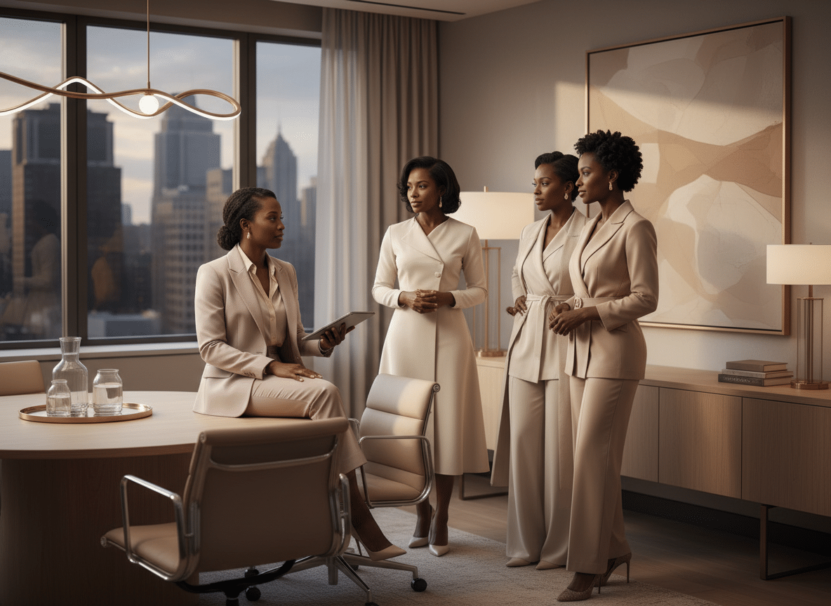 4 Black executive women in a meeting; The Real Secret Behind Executive Presence for Black Women (It's Not What You Think); Black executive coach