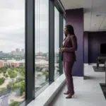 Black woman executive staring outside window; Proving vs. Positioning - The Career Strategy Black Women Executives Need Before Their Next Move; find Black executive coach near