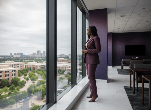 Black woman executive staring outside window; Proving vs. Positioning - The Career Strategy Black Women Executives Need Before Their Next Move; find Black executive coach near