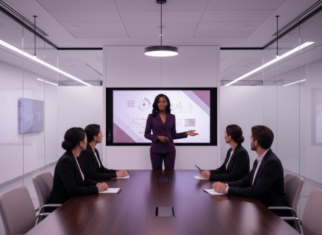 Black Healthcare executive presenting to board; Executive Visibility for Black Women: Stop Being Overlooked; find Black executive career coach near