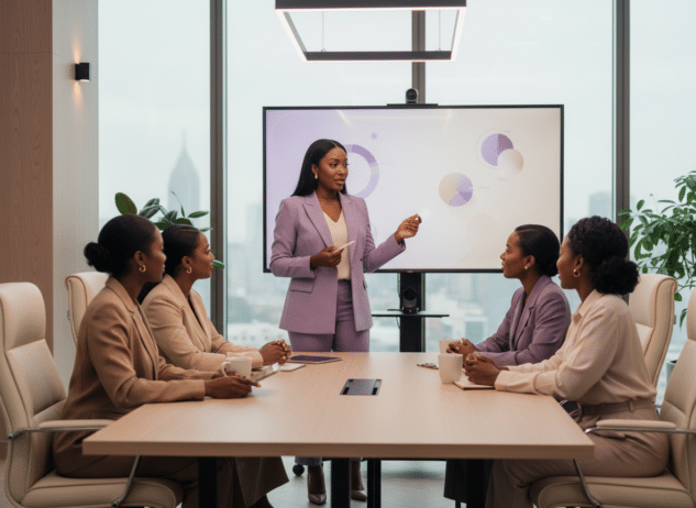 Black woman briefing her team; Executive LinkedIn Strategy for Black Women; coaching for executive Black women in tech, finance, HR, and non profit leadership