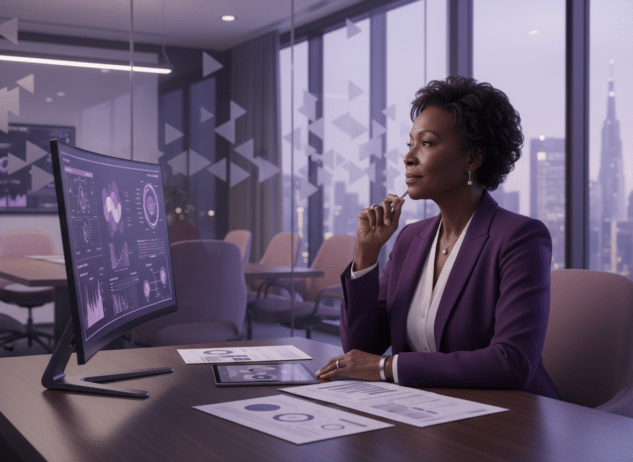 Black woman executive looking pensive;