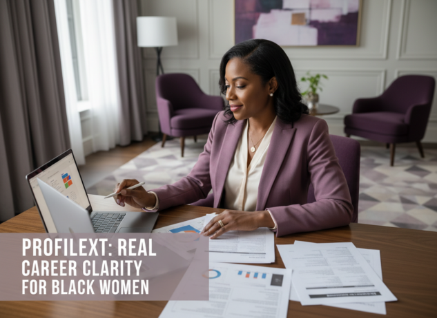 Black woman in tech sitting at desk; find Black executive coach near; best Black career coach near; career change for women in tech; Stop Guessing Your Next Move. How the ProfileXT® Gives Black Women Real Career Clarity
