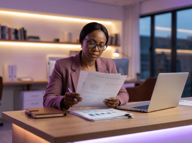 Black woman analyzing data; You're Leading at the Director Level. Demand the Title.; find Black executive coach near;