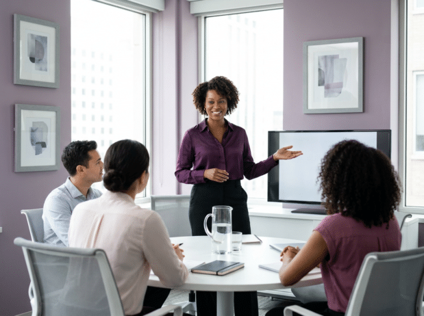 director levelBlack woman holding a meeting; best Black executive coach near; what does executive presence mean