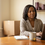 Black woman typing on laptop; Laid Off in Tech? How ProfileXT® Helps Executive Black Women Pivot Powerfully; best Black executive coach; find Black executive career coach