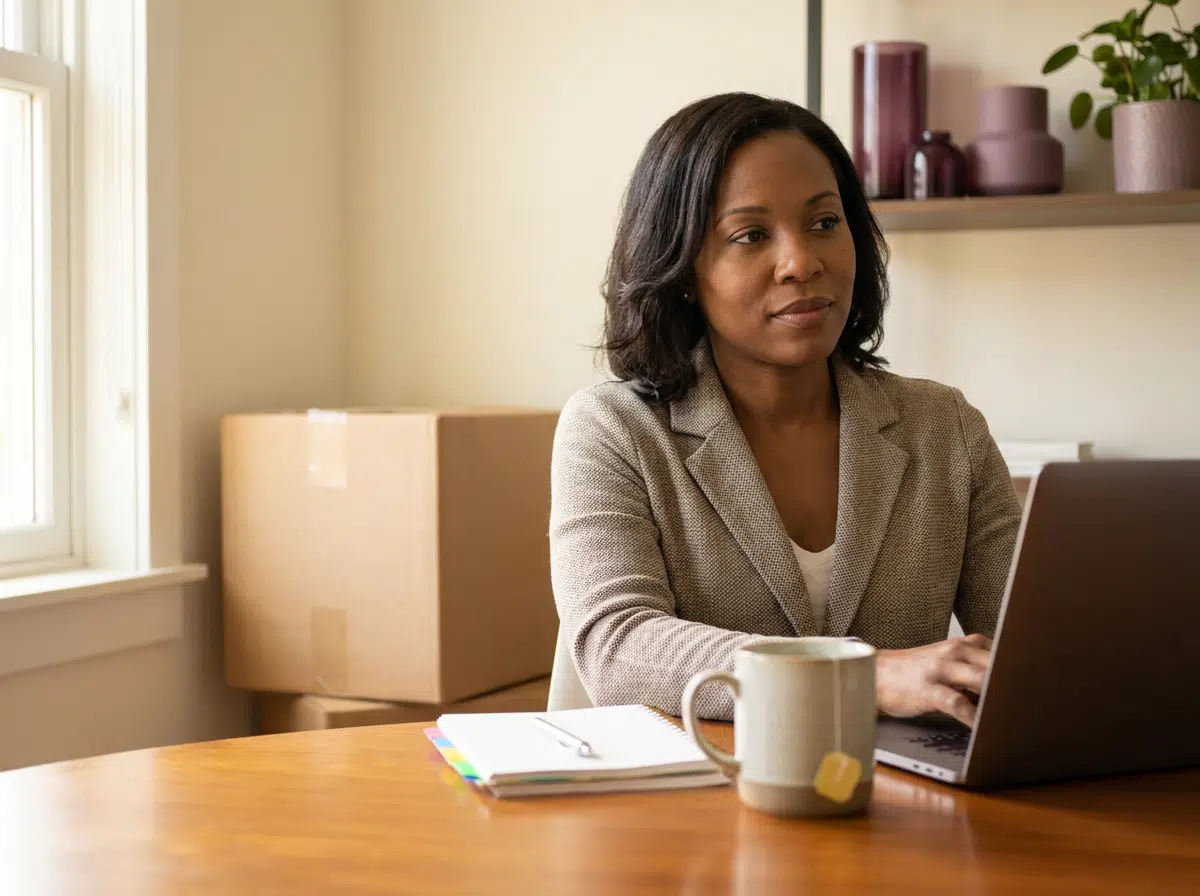 Black woman typing on laptop; Laid Off in Tech? How ProfileXT® Helps Executive Black Women Pivot Powerfully; best Black executive coach; find Black executive career coach