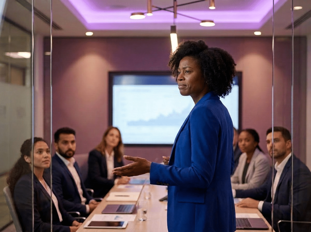 Black woman executive briefing her team; executive presence