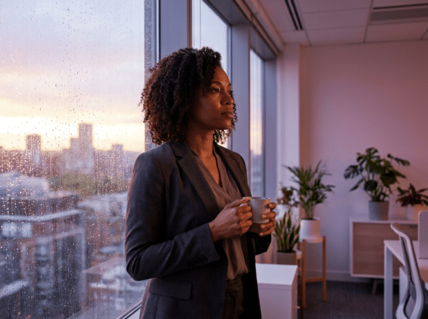Black woman deep in thought; confidence tax