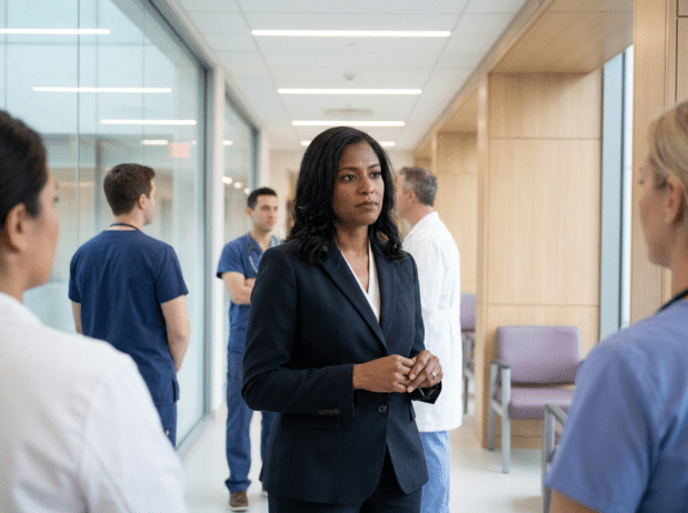 Black woman executive in healthcare setting; career clarity for career success