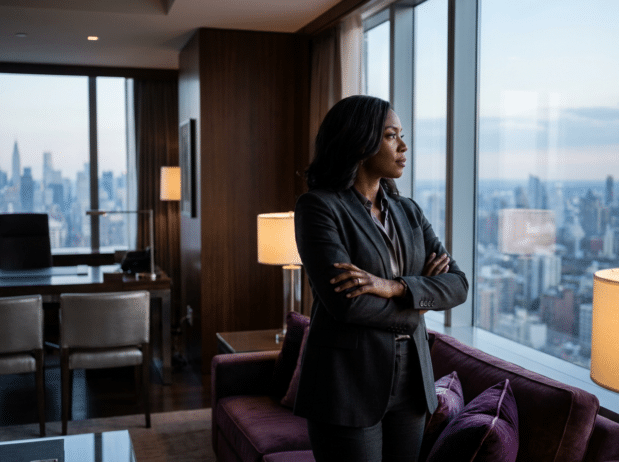 Black woman executive staring out window; career clarity