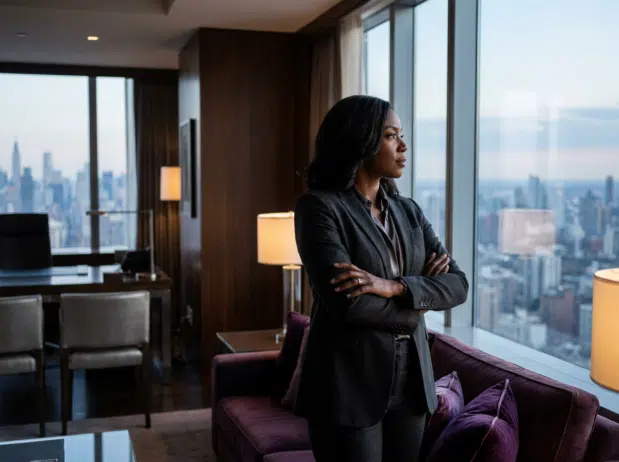 Black woman executive staring out window; career clarity