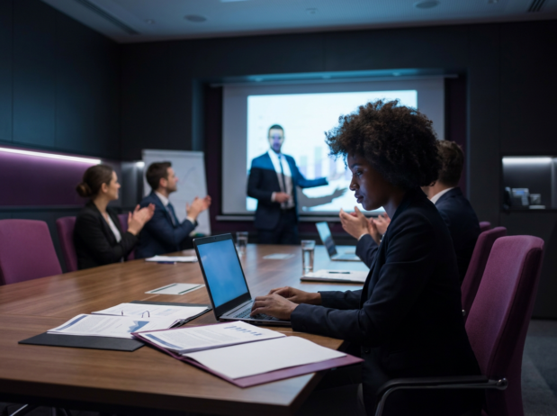 Black woman listening to a coworker present her idea; visibility tax