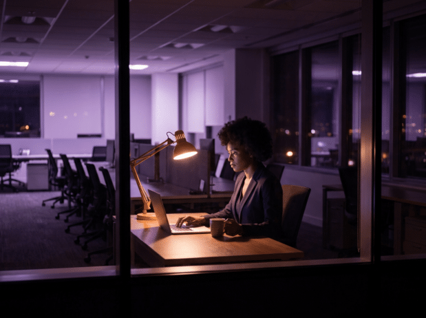 Quietly Succeeding Unnoticed, a focused Black woman working alone; paying the soul tax