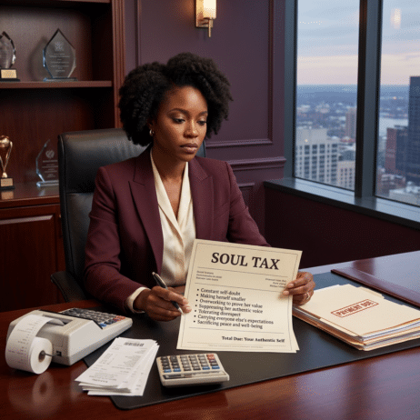 a powerful Black woman executive at her desk, reviewing the true bill of soul tax on her success