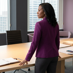 Black woman executive standing in board room alone; executive time management
