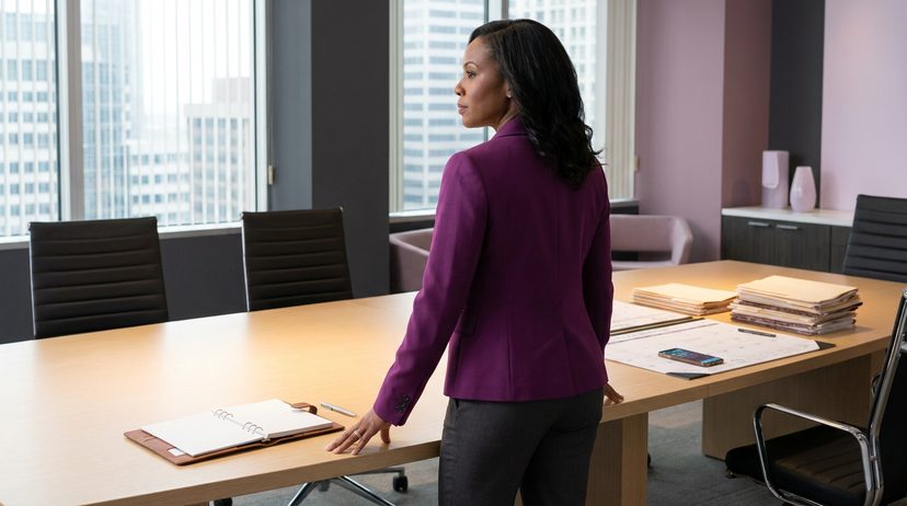 Black woman executive standing in board room alone; executive time management