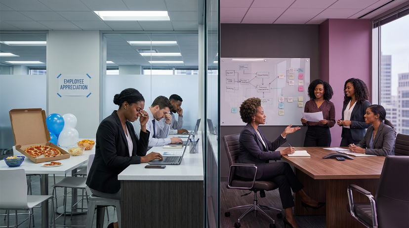 split scene:
left - stressed team working at their desk, pizza box and chips on table behind them, and an employee appreciation sign on wall; Servant Leadership vs Employee Perks: Why Pizza Cannot Fix Toxic Work